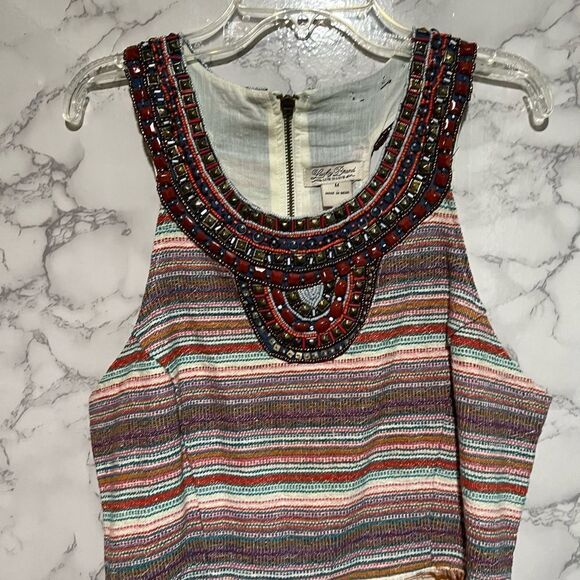 LUCKY BRAND DRESS GRECIAN BEADED COLLAR IKAT KNIT SKIRT STRIPED BODICE T BACK M - Picture 2 of 9